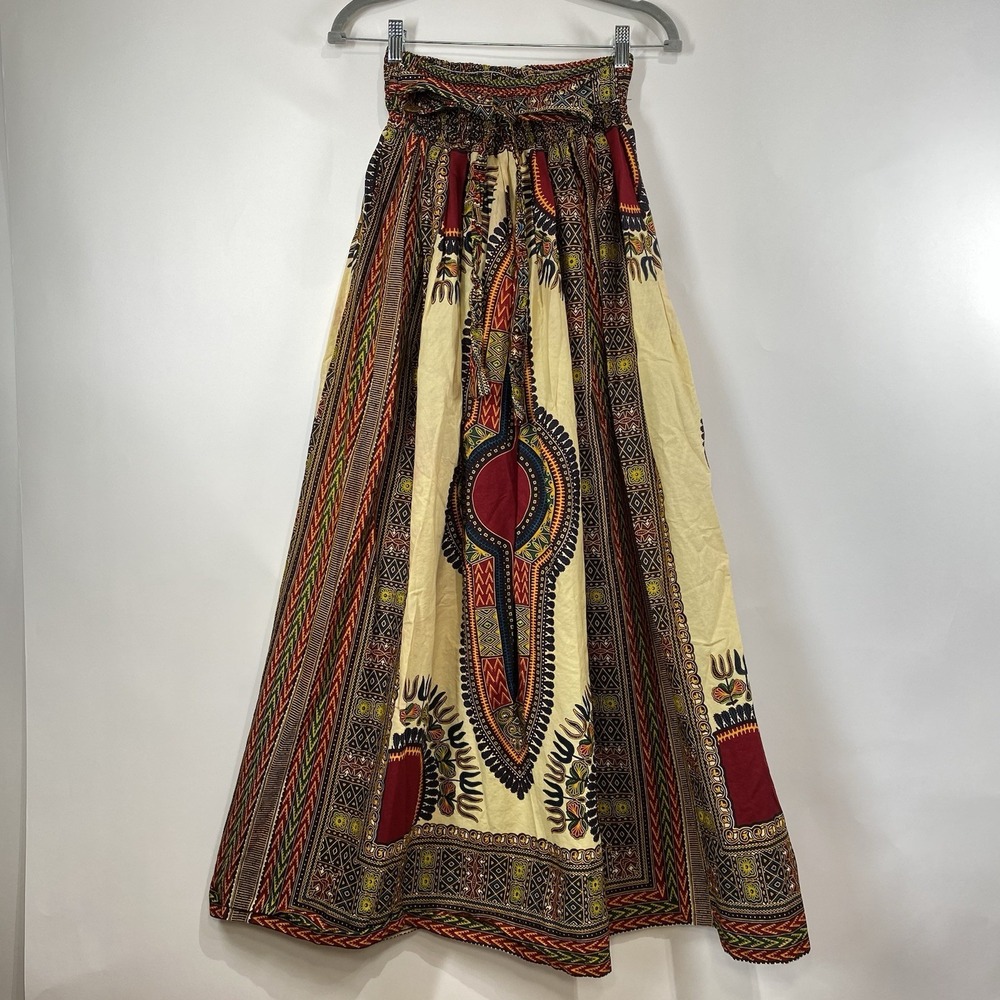 African Print Womens Tie Front Long Maxi Skirt Size S Pockets Festival Colorful